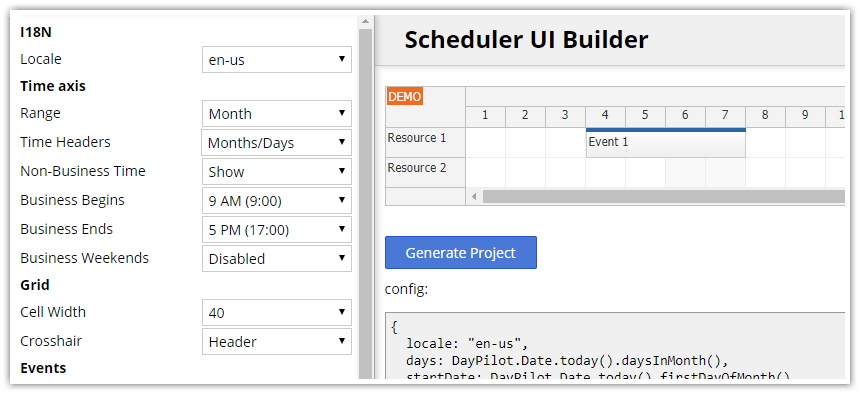 daypilot ui builder online configurator