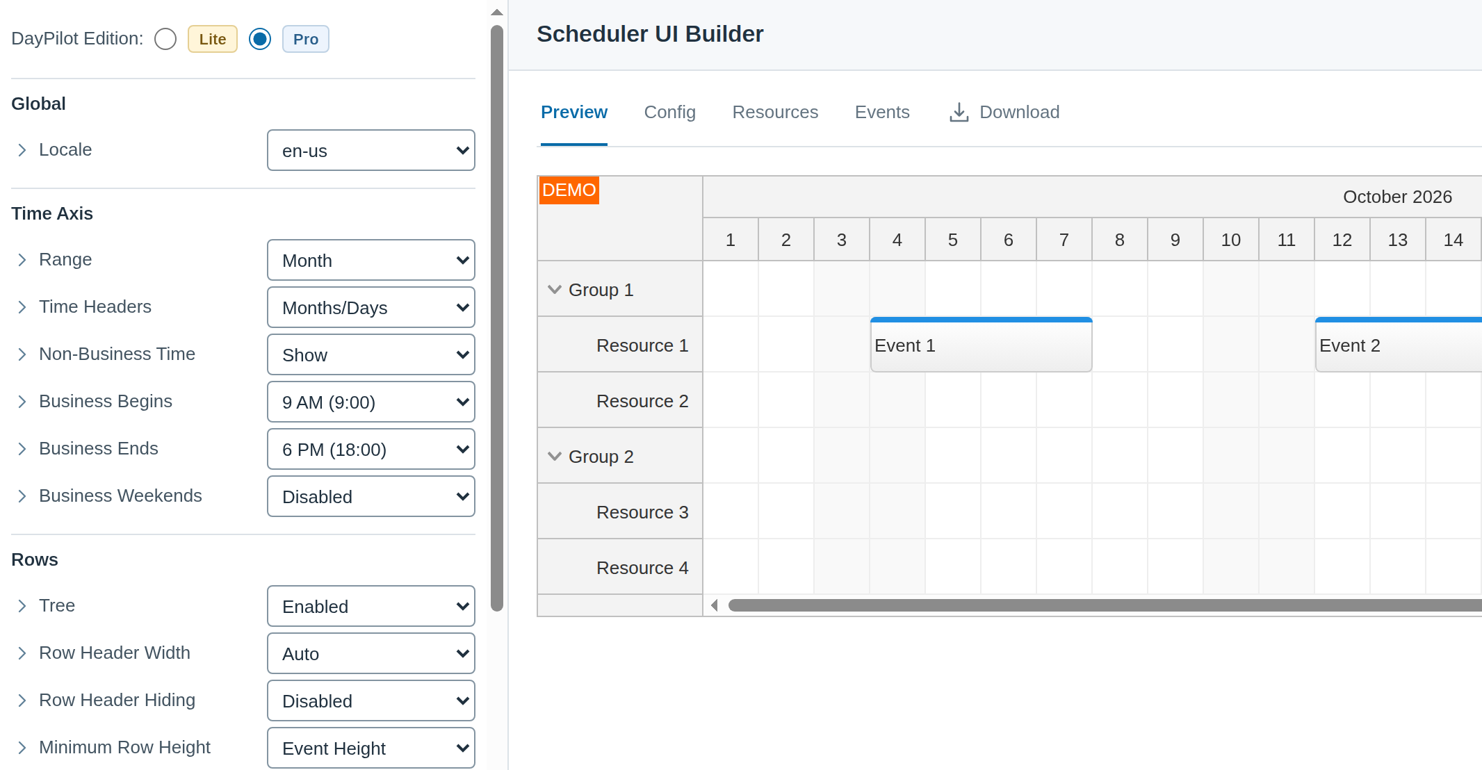 DayPilot UI Builder with a working resource schedule and configuration controls