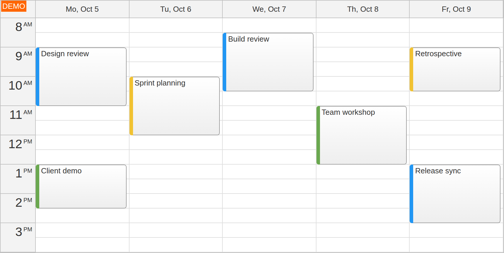 JavaScript Calendar with Five Weekdays and Scheduled Appointments