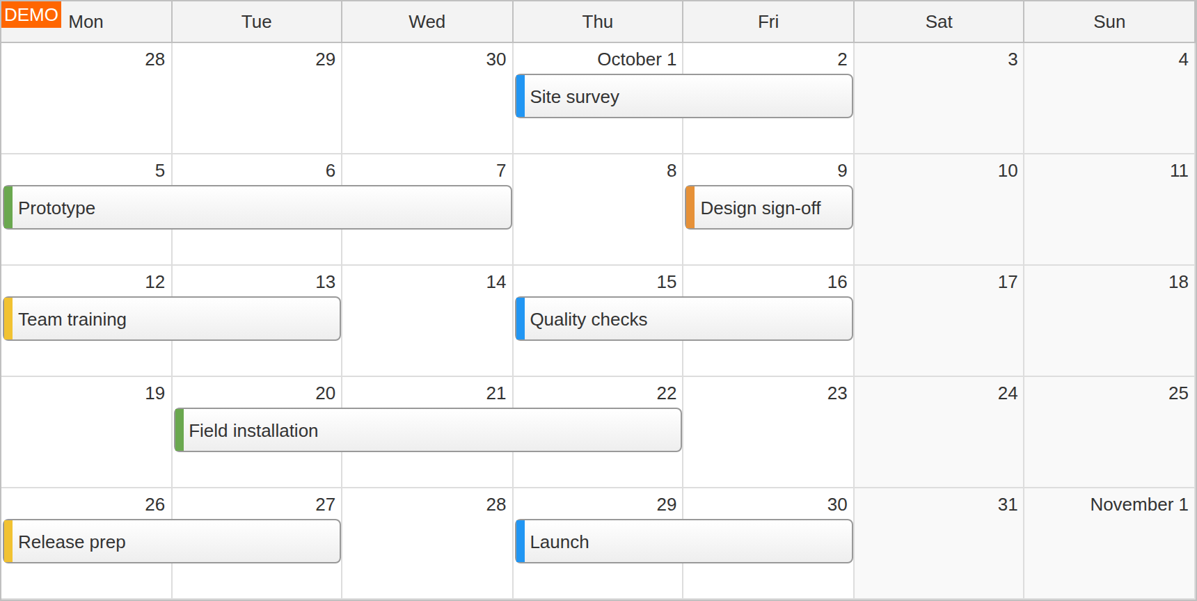 JavaScript Month Calendar with Activities Spanning Multiple Days